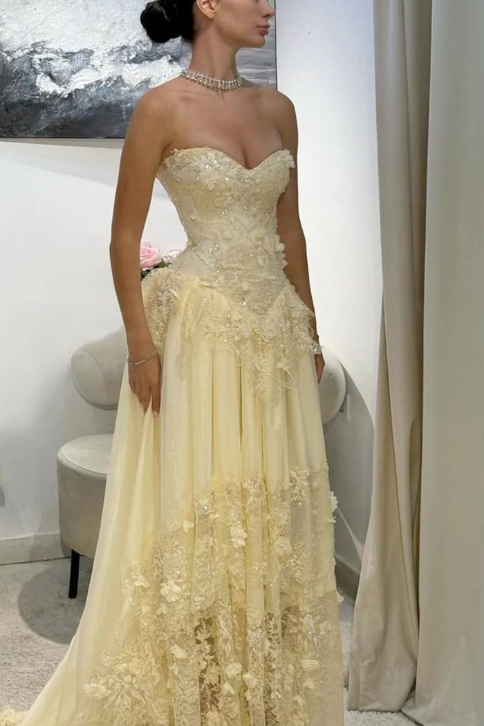 Yellow Strapless A-Line Lace Appliques Empire-Waist Pleated Evening Prom Dress