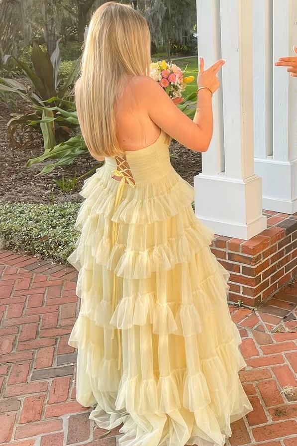 Yellow Strapless A-Line Ruffle Tulle Sleeveless Long Prom Dress