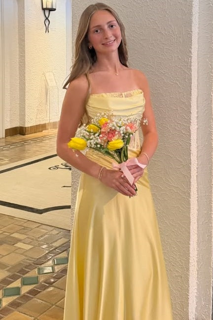 Yellow Strapless Appliques Sleeveless Side Slit Pleats Long Prom Dress