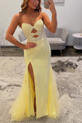 Yellow Strapless Keyhole Lace Appliques Sleeveless High Slit Prom Dress