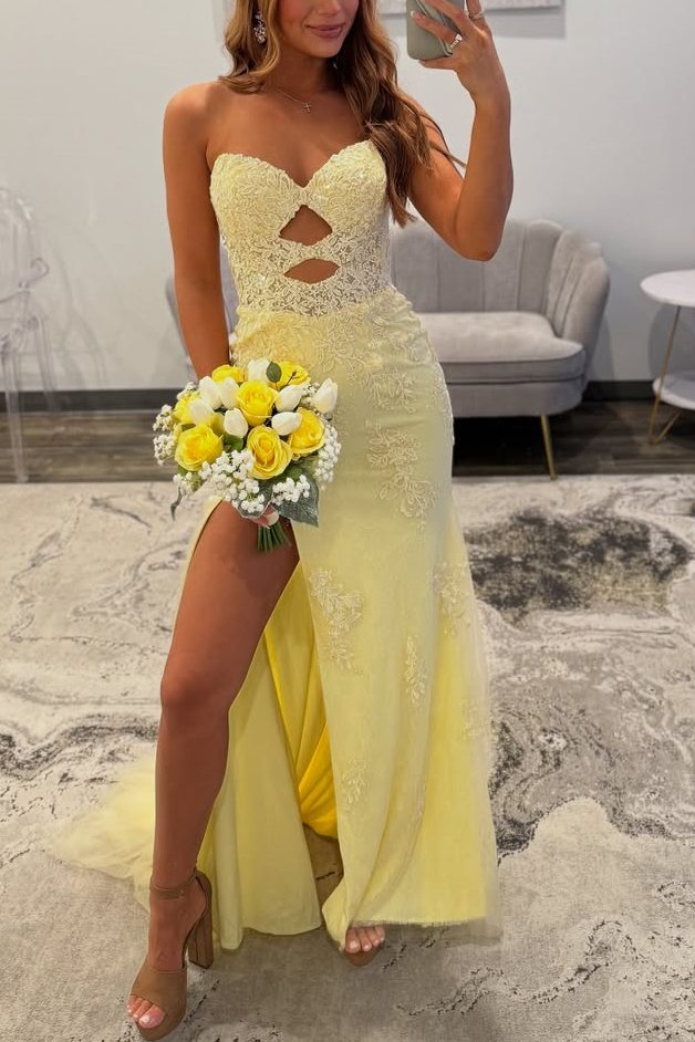 Yellow Strapless Keyhole Lace Appliques Sleeveless High Slit Prom Dress