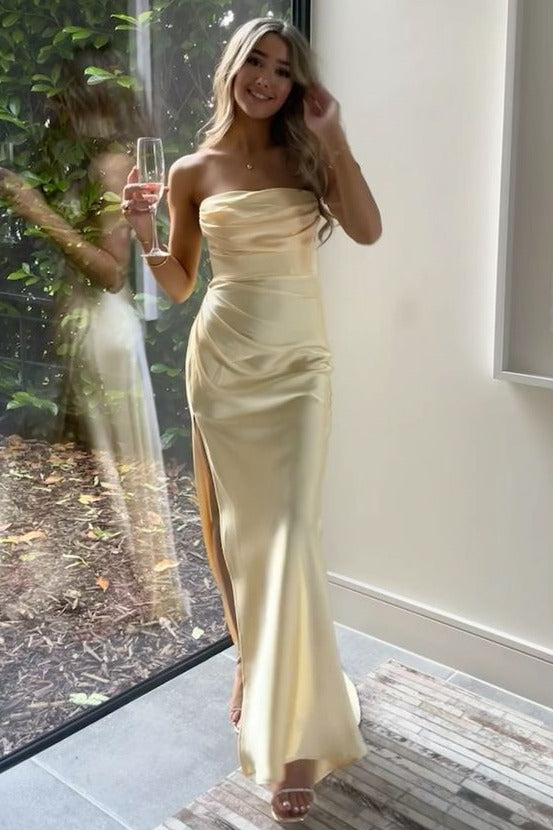 Yellow Strapless Pleats Satin Sleeveless Side Slit Formal Prom Dress