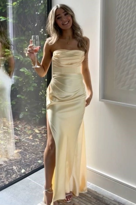 Yellow Strapless Pleats Satin Sleeveless Side Slit Formal Prom Dress