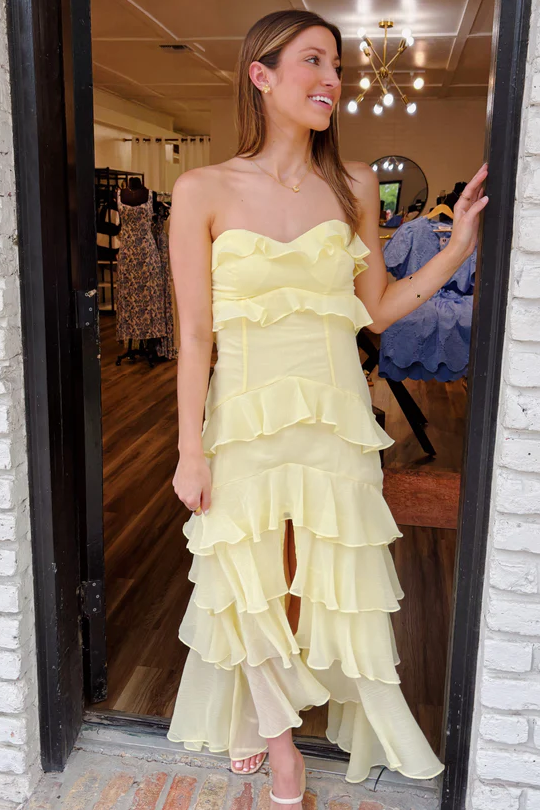 Yellow Strapless Ruffles Chiffon Sleeveless Formal Prom Dress with Slit