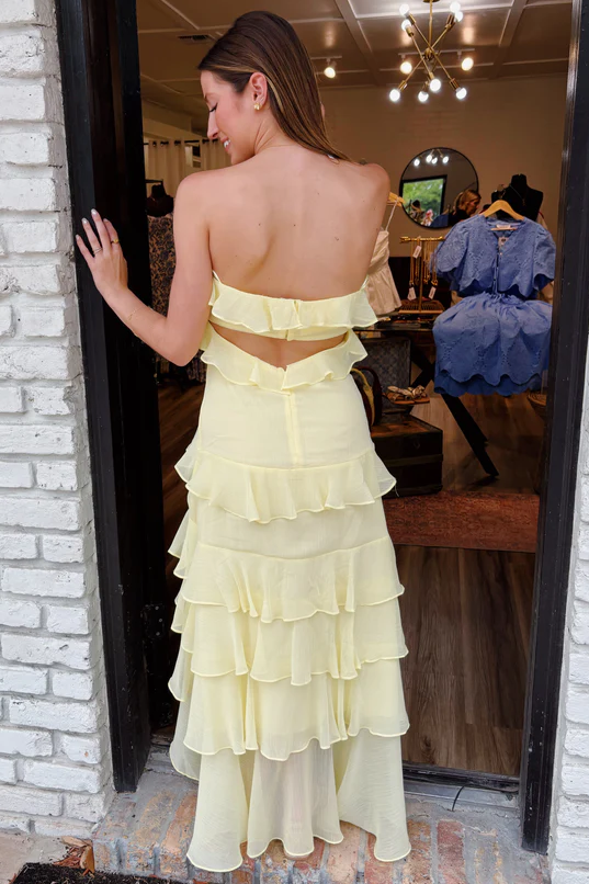 Yellow Strapless Ruffles Chiffon Sleeveless Formal Prom Dress with Slit