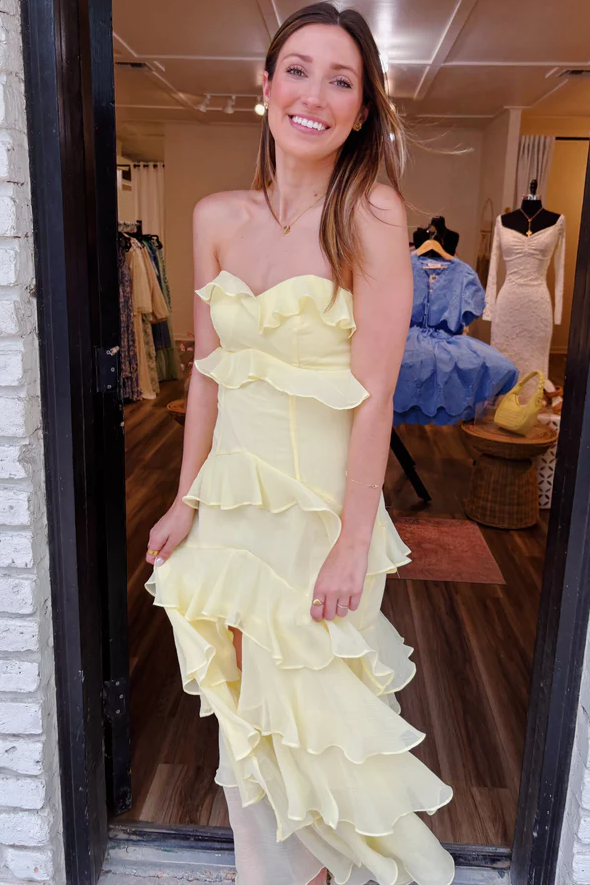 Yellow Strapless Ruffles Chiffon Sleeveless Formal Prom Dress with Slit