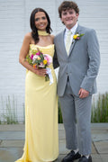 Yellow Strapless Scoop Neck Pleats Satin Long Prom Formal Dress
