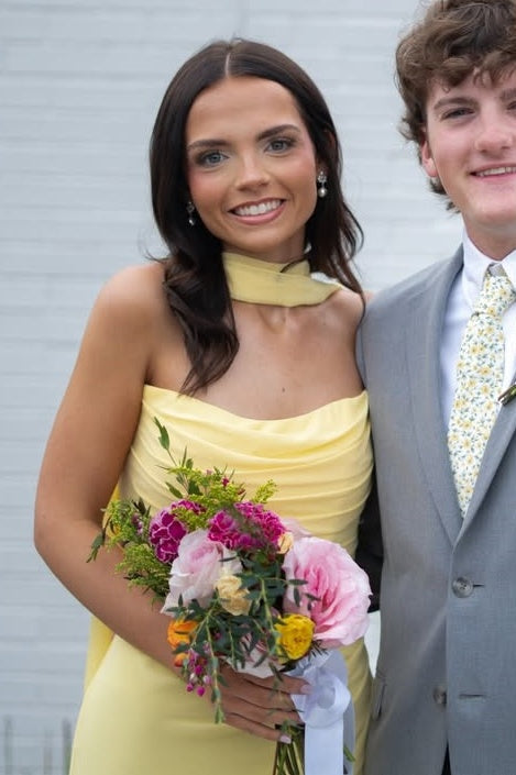 Yellow Strapless Scoop Neck Pleats Satin Long Prom Formal Dress