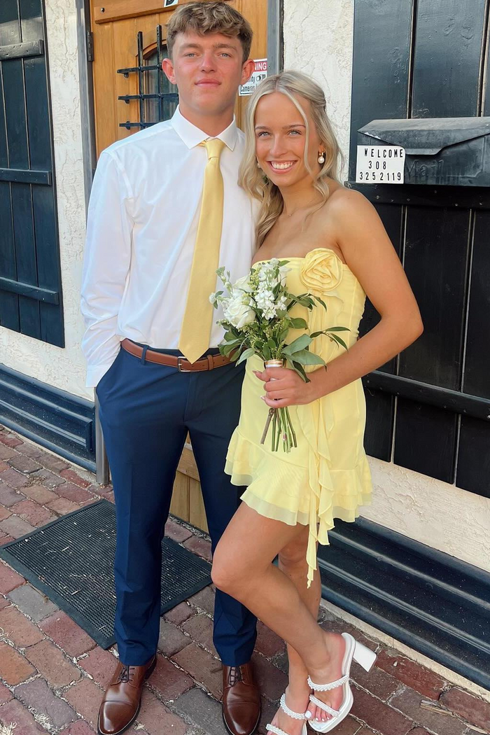 Yellow Strapless Scoop Neck Ruffles Short Homecoming Party Dress