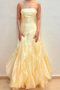 Yellow Strapless Scoop Neck Ruffles Sleeveless Formal Prom Dress