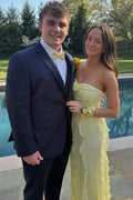 Yellow Strapless Sleeveless Ruffles Long Prom Party Dress with Flower