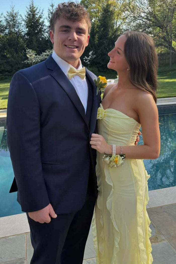 Yellow Strapless Sleeveless Ruffles Long Prom Party Dress with Flower