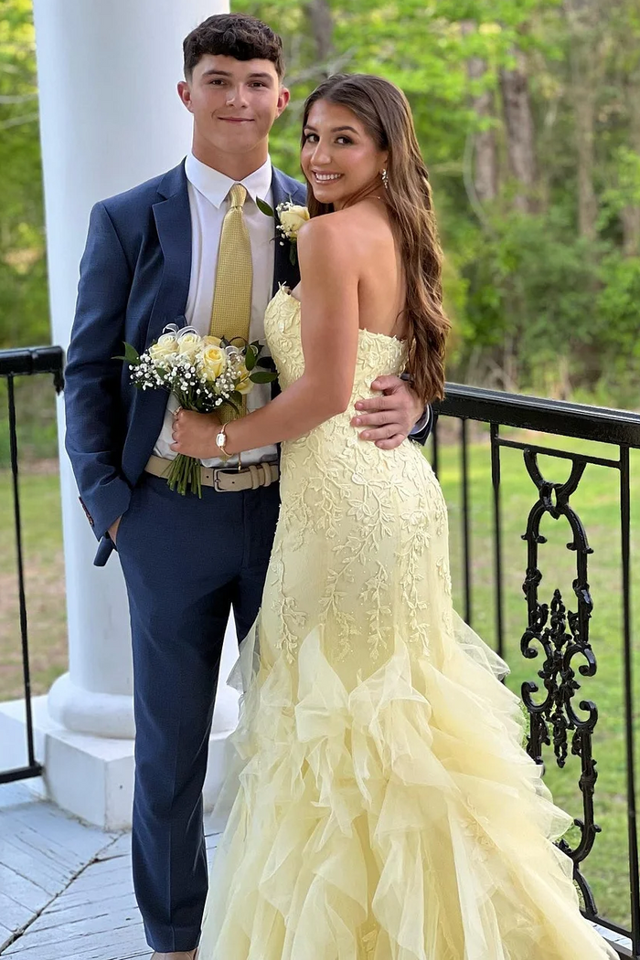 Yellow Strapless Sleeveless Ruffles Tulle Long Prom Dress with Appliques