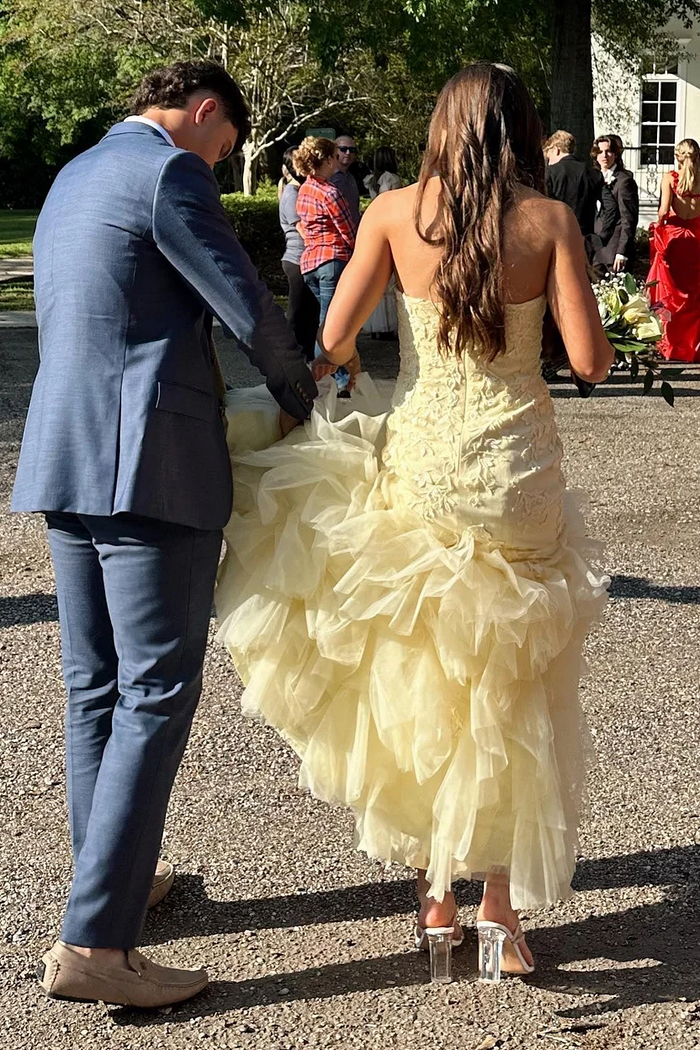 Yellow Strapless Sleeveless Ruffles Tulle Long Prom Dress with Appliques
