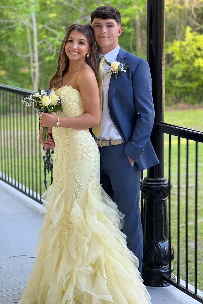 Yellow Strapless Sleeveless Ruffles Tulle Long Prom Dress with Appliques