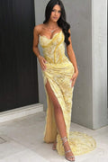 Yellow Strapless V-Neck Lace Appliques Pleats Mermaid Long Prom Dress