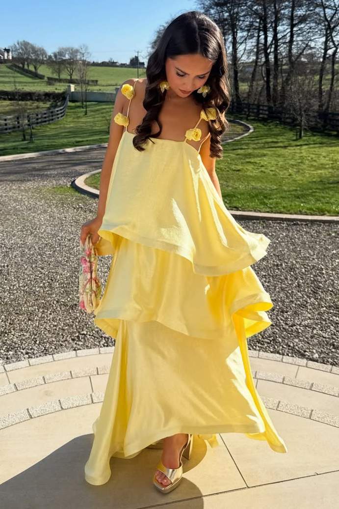 Yellow Straps A-Line Ruffles Satin Sleeveless Formal Prom Dress with Flower