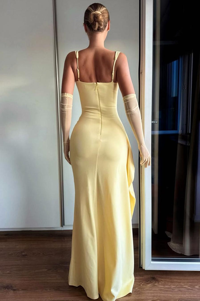 Yellow Straps High Slit Satin Pleats Sleeveless Long Formal Prom Dress