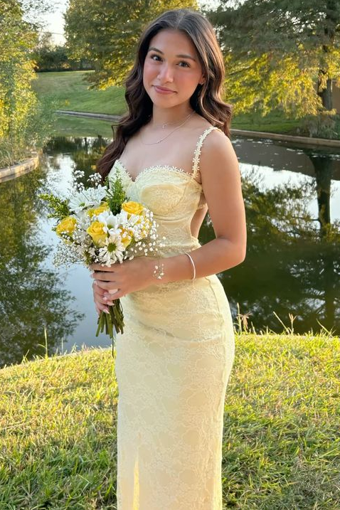Yellow Straps Sweetheart Lace Appliques Sleeveless Long Prom Dress