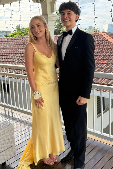 Yellow V-Neck Double Straps Sleeveless Satin Formal Prom Dress